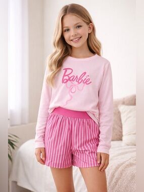 Girls Barbie Pajama Set Pink 2 Piece Long Sleeve Top Striped Shorts